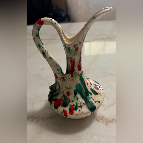 Source Unknown Other - 1970’s MCM Ceramic  Speckled Splatter Drip Red Green White Vase, 7" Tall.